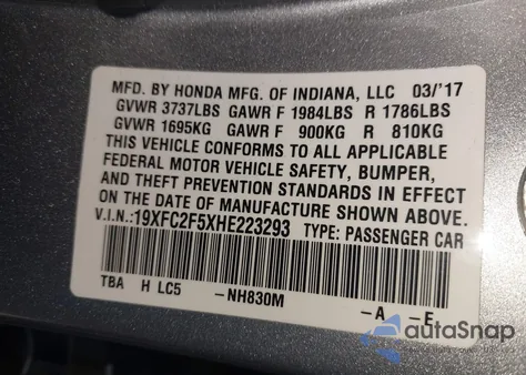 2017 Honda Civic Lx from USA, damaged, VIN 19XFC2F5XHE223293